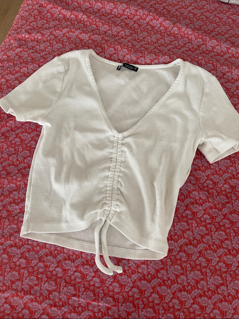 Zara Cream Ribbed V-Neck Drawstring Crop Top